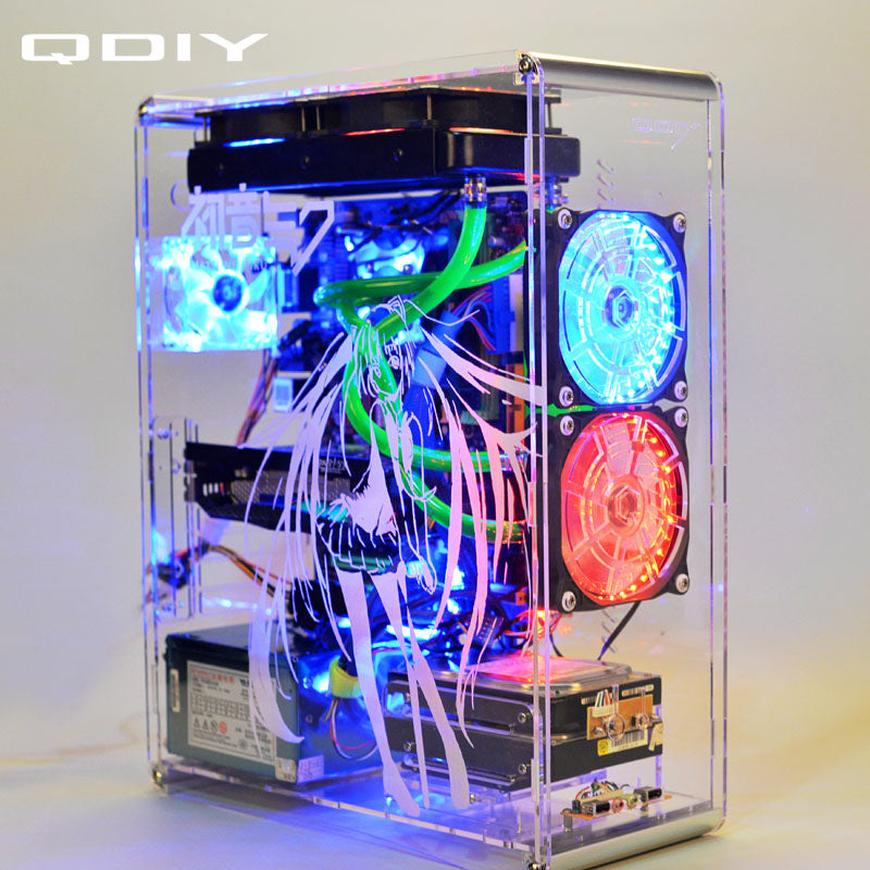 QDIY PC-A006SM MicroATX Clear Acrylic Computer Case PC Case Water Cooled Game Player Acrylic Computer Case
